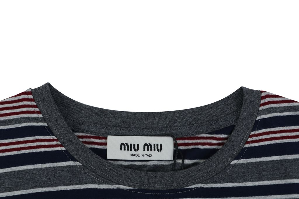 Miu Miu Automne stripe jacquard long sleeve T-shirt 185g 24S combed cotton yarn dyed stripes woven logo cropped boxy fit ribbed cuffs sizes XS-L