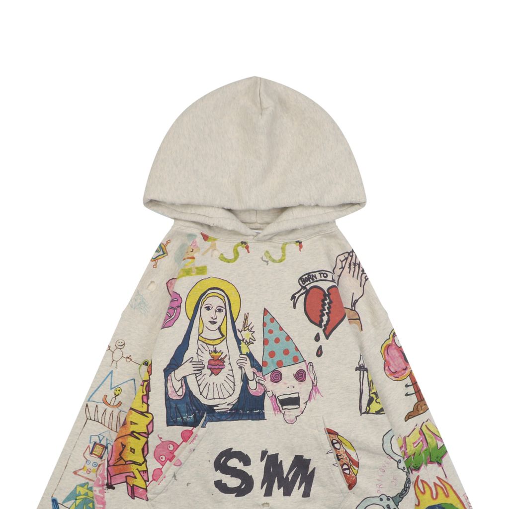 Saint Michael Simpsons graffiti all over print hoodie 56 screen print hand distressed vintage wash ripped hole details relaxed drop shoulder unisex sweatshirt sizes S-XL