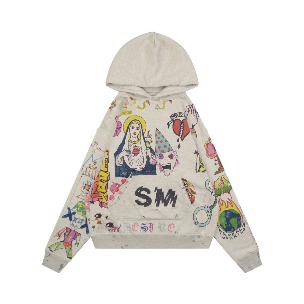 Saint Michael Simpsons graffiti all over print hoodie 56 screen print hand distressed vintage wash ripped hole details relaxed drop shoulder unisex sweatshirt sizes S-XL