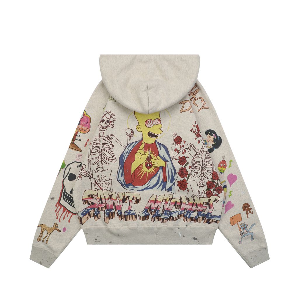 Saint Michael Simpsons graffiti all over print hoodie 56 screen print hand distressed vintage wash ripped hole details relaxed drop shoulder unisex sweatshirt sizes S-XL