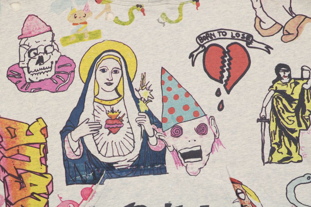 Saint Michael Simpsons graffiti all over print hoodie 56 screen print hand distressed vintage wash ripped hole details relaxed drop shoulder unisex sweatshirt sizes S-XL