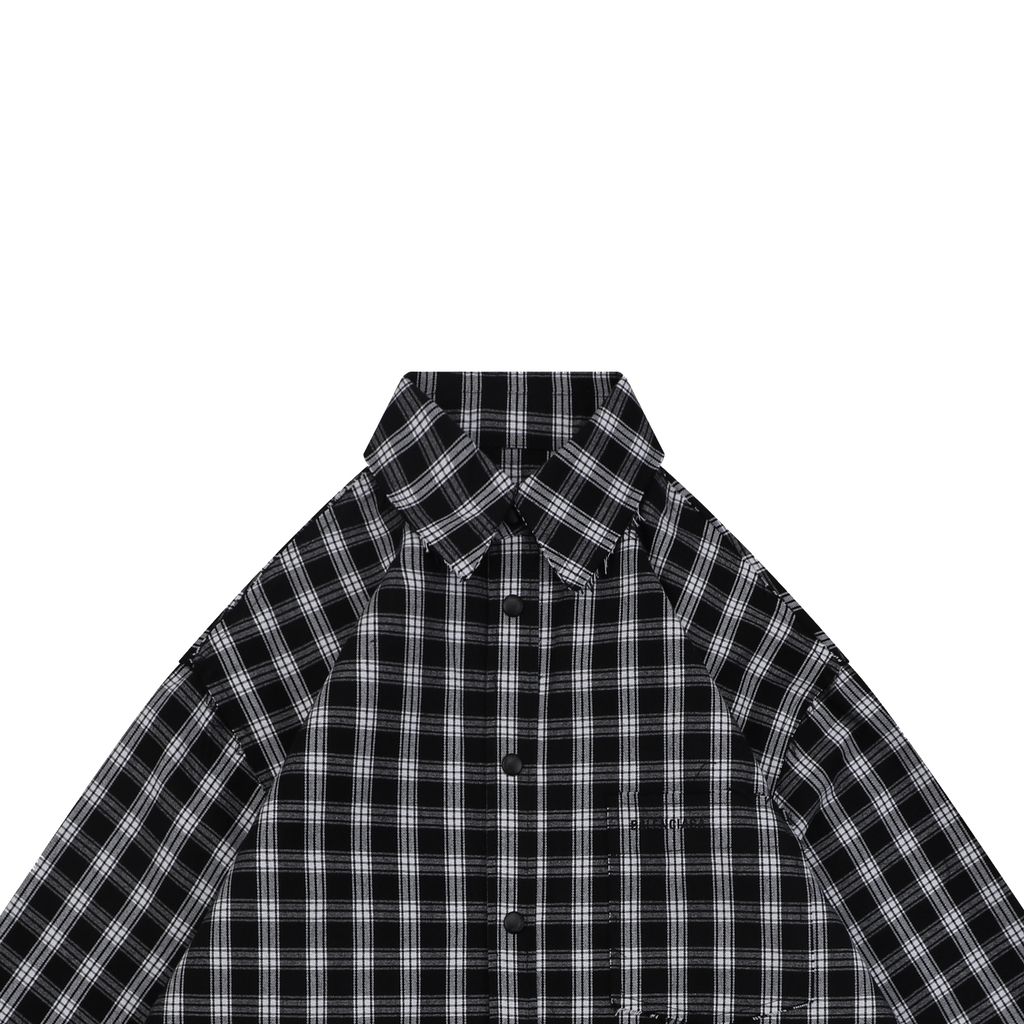 Balenciaga black white plaid distressed raw hem long sleeve shirt yarn dyed check pattern matched chest pocket matte metal snap button streetwear overshirt sizes 1 XS to 4 L