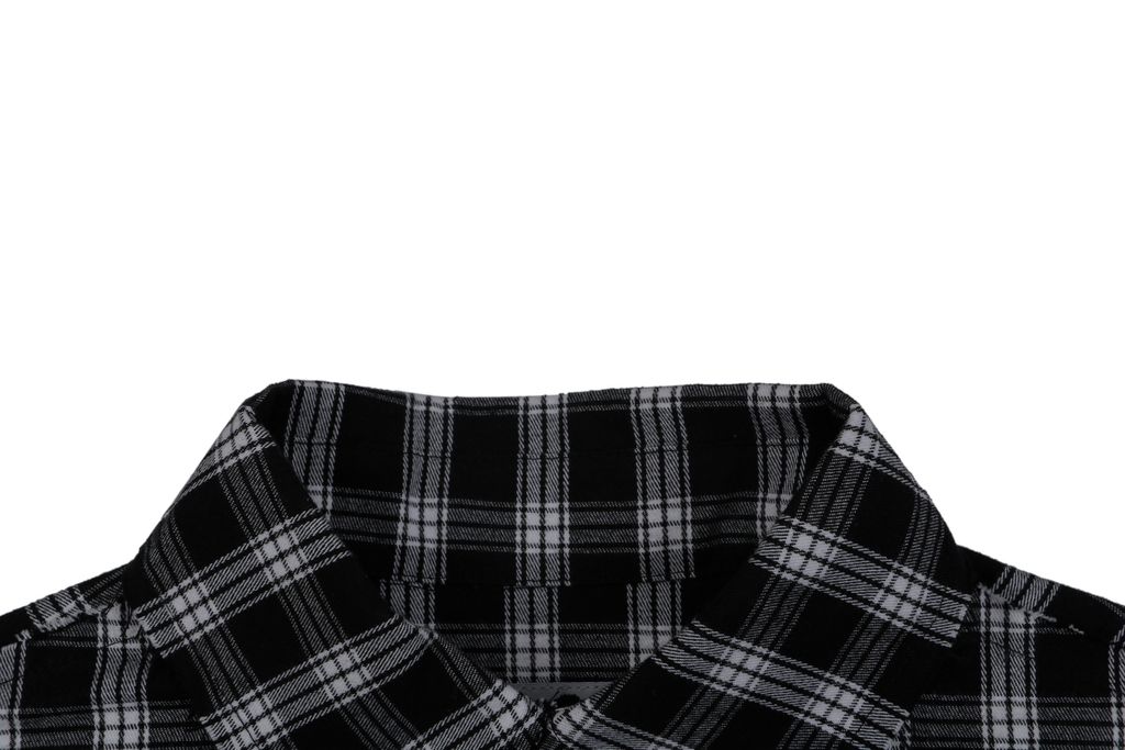 Balenciaga black white plaid distressed raw hem long sleeve shirt yarn dyed check pattern matched chest pocket matte metal snap button streetwear overshirt sizes 1 XS to 4 L