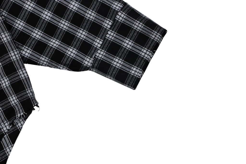 Balenciaga black white plaid distressed raw hem long sleeve shirt yarn dyed check pattern matched chest pocket matte metal snap button streetwear overshirt sizes 1 XS to 4 L