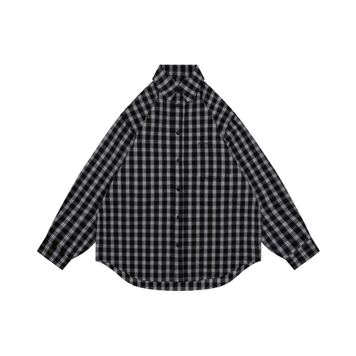 Balenciaga black white plaid distressed raw hem long sleeve shirt yarn dyed check pattern matched chest pocket matte metal snap button streetwear overshirt sizes 1 XS to 4 L