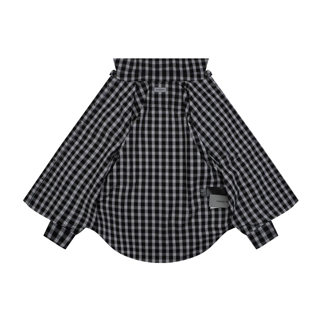 Balenciaga black white plaid distressed raw hem long sleeve shirt yarn dyed check pattern matched chest pocket matte metal snap button streetwear overshirt sizes 1 XS to 4 L