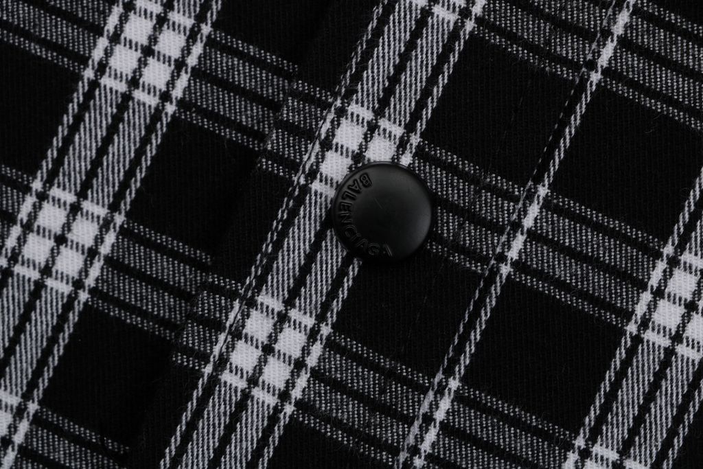 Balenciaga black white plaid distressed raw hem long sleeve shirt yarn dyed check pattern matched chest pocket matte metal snap button streetwear overshirt sizes 1 XS to 4 L
