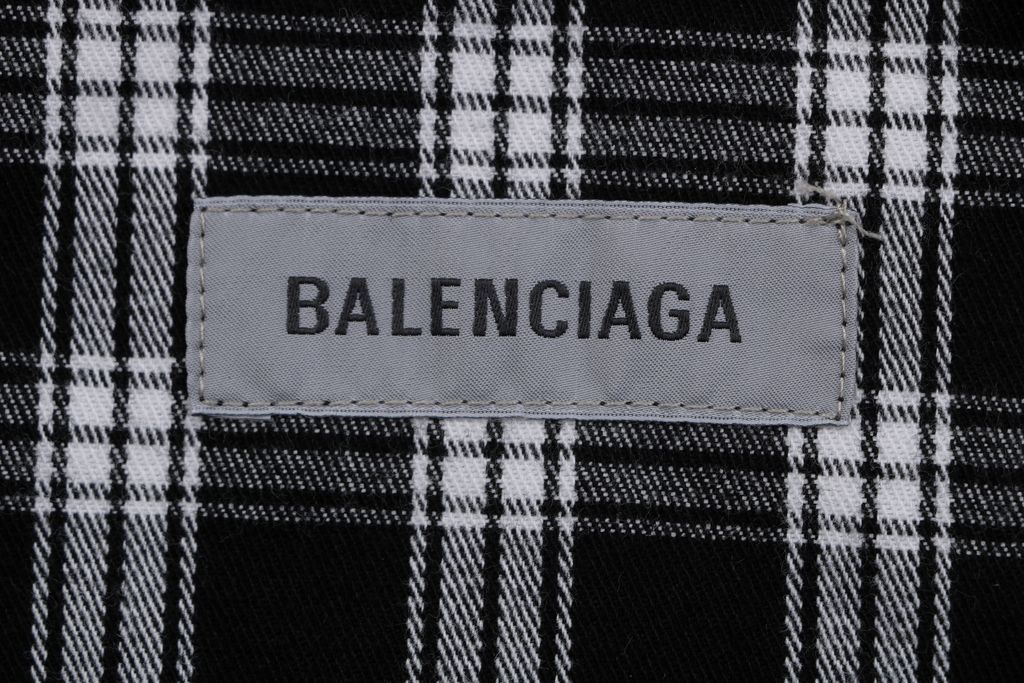 Balenciaga black white plaid distressed raw hem long sleeve shirt yarn dyed check pattern matched chest pocket matte metal snap button streetwear overshirt sizes 1 XS to 4 L