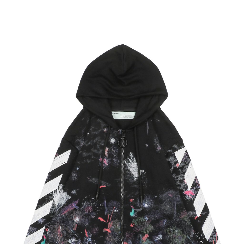 Off White starry fireworks splatter Arrow zip jacket 420g cotton French terry 8 screen layered print raised thick plate graphic washed streetwear outerwear sizes XS-L