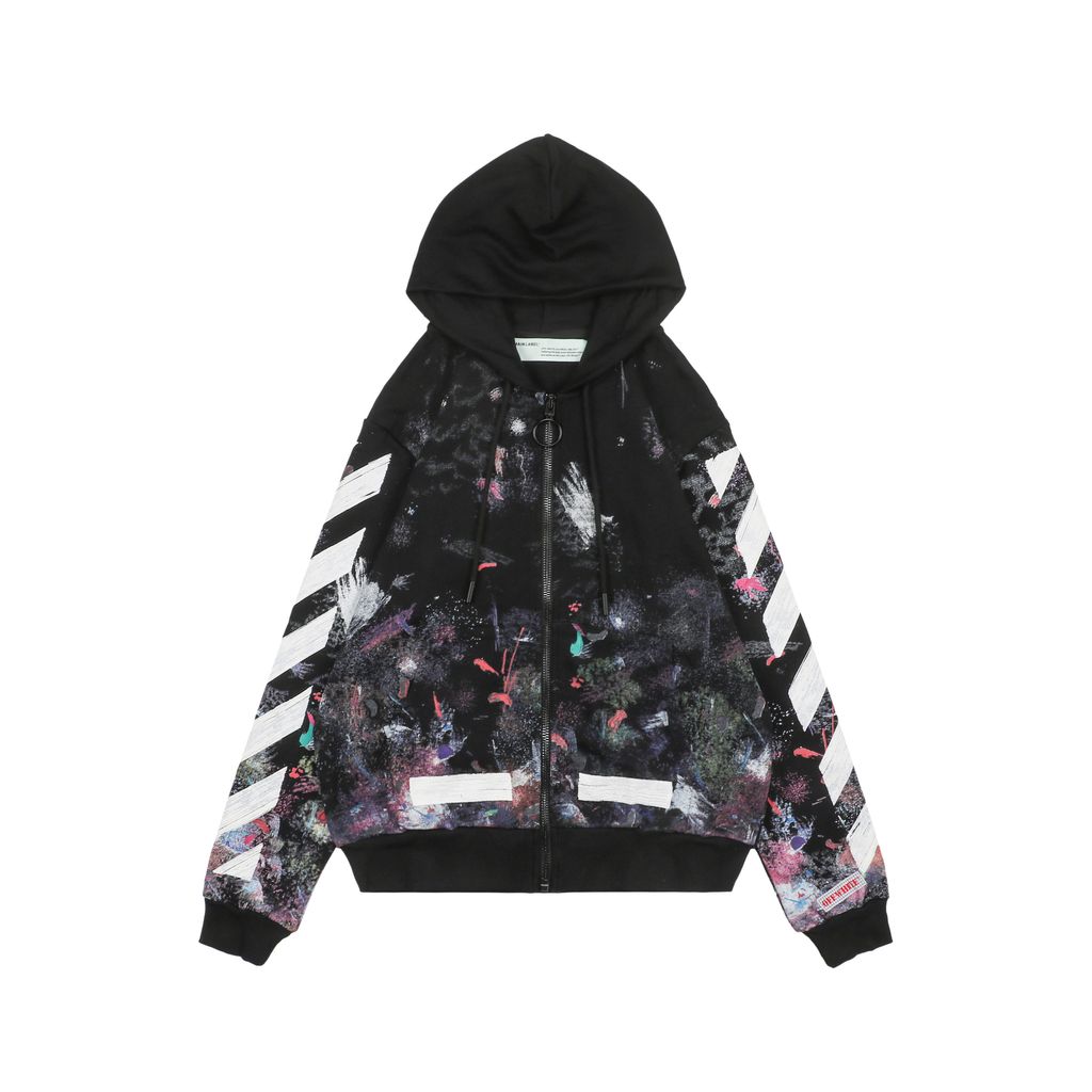 Off White starry fireworks splatter Arrow zip jacket 420g cotton French terry 8 screen layered print raised thick plate graphic washed streetwear outerwear sizes XS-L
