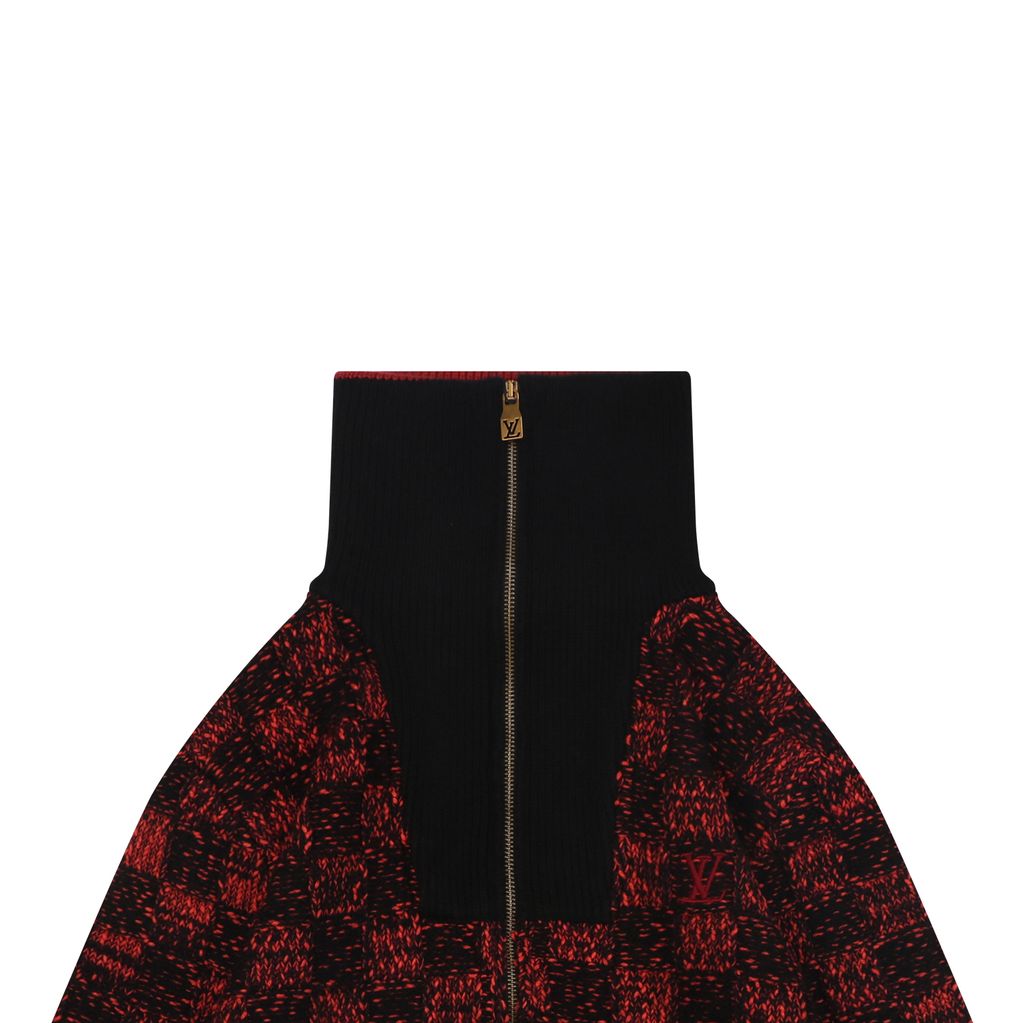 Louis Vuitton black red checkerboard half zip high neck sweater wool blend melange knit 3D woven check contrast red collar embroidered logo striped rib trims sizes S-XL