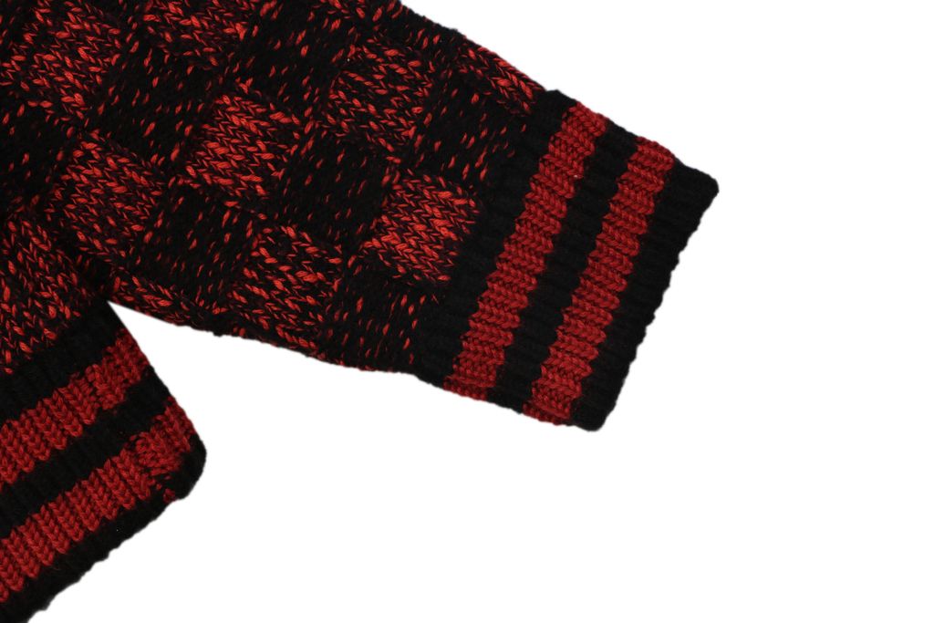 Louis Vuitton black red checkerboard half zip high neck sweater wool blend melange knit 3D woven check contrast red collar embroidered logo striped rib trims sizes S-XL