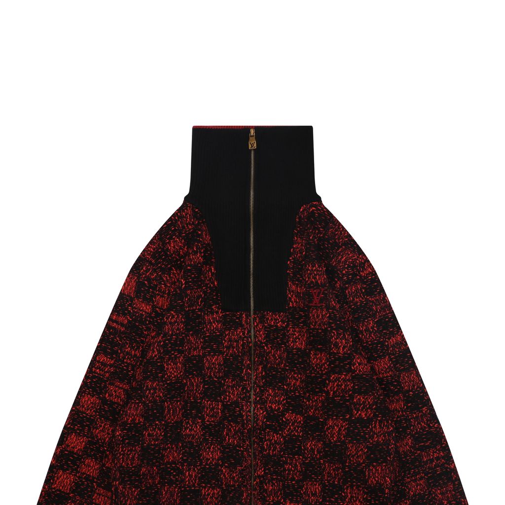 Louis Vuitton black red checkerboard half zip high neck sweater wool blend melange knit 3D woven check contrast red collar embroidered logo striped rib trims sizes S-XL