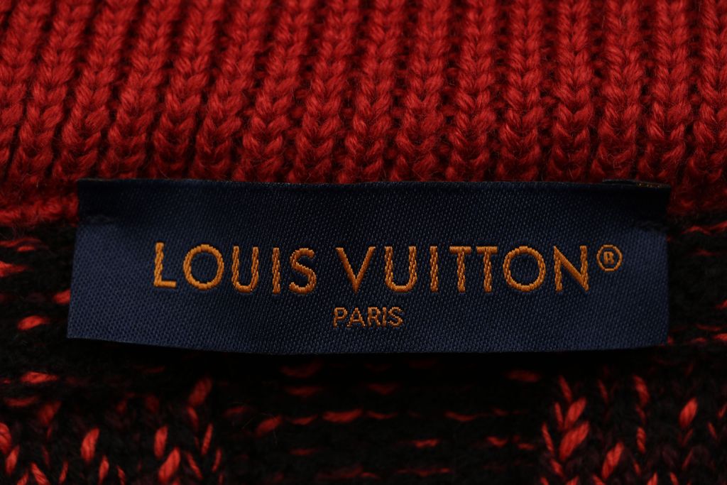 Louis Vuitton black red checkerboard half zip high neck sweater wool blend melange knit 3D woven check contrast red collar embroidered logo striped rib trims sizes S-XL