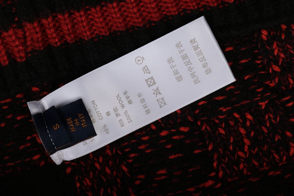 Louis Vuitton black red checkerboard half zip high neck sweater wool blend melange knit 3D woven check contrast red collar embroidered logo striped rib trims sizes S-XL