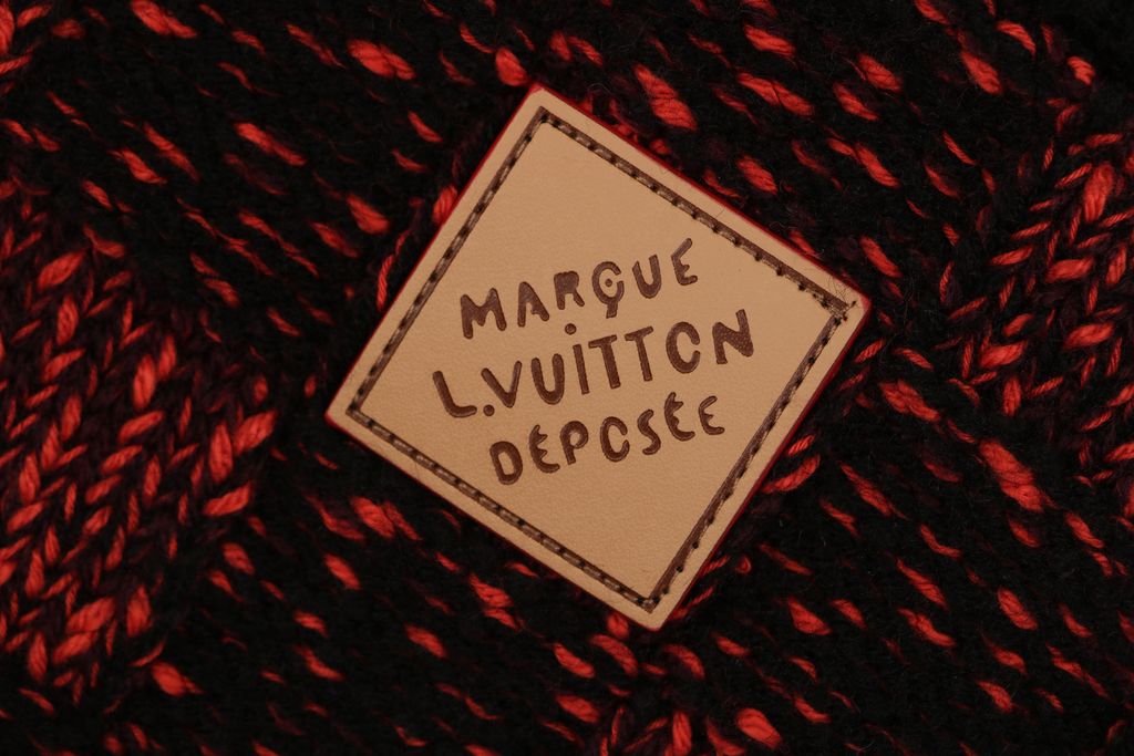 Louis Vuitton black red checkerboard half zip high neck sweater wool blend melange knit 3D woven check contrast red collar embroidered logo striped rib trims sizes S-XL