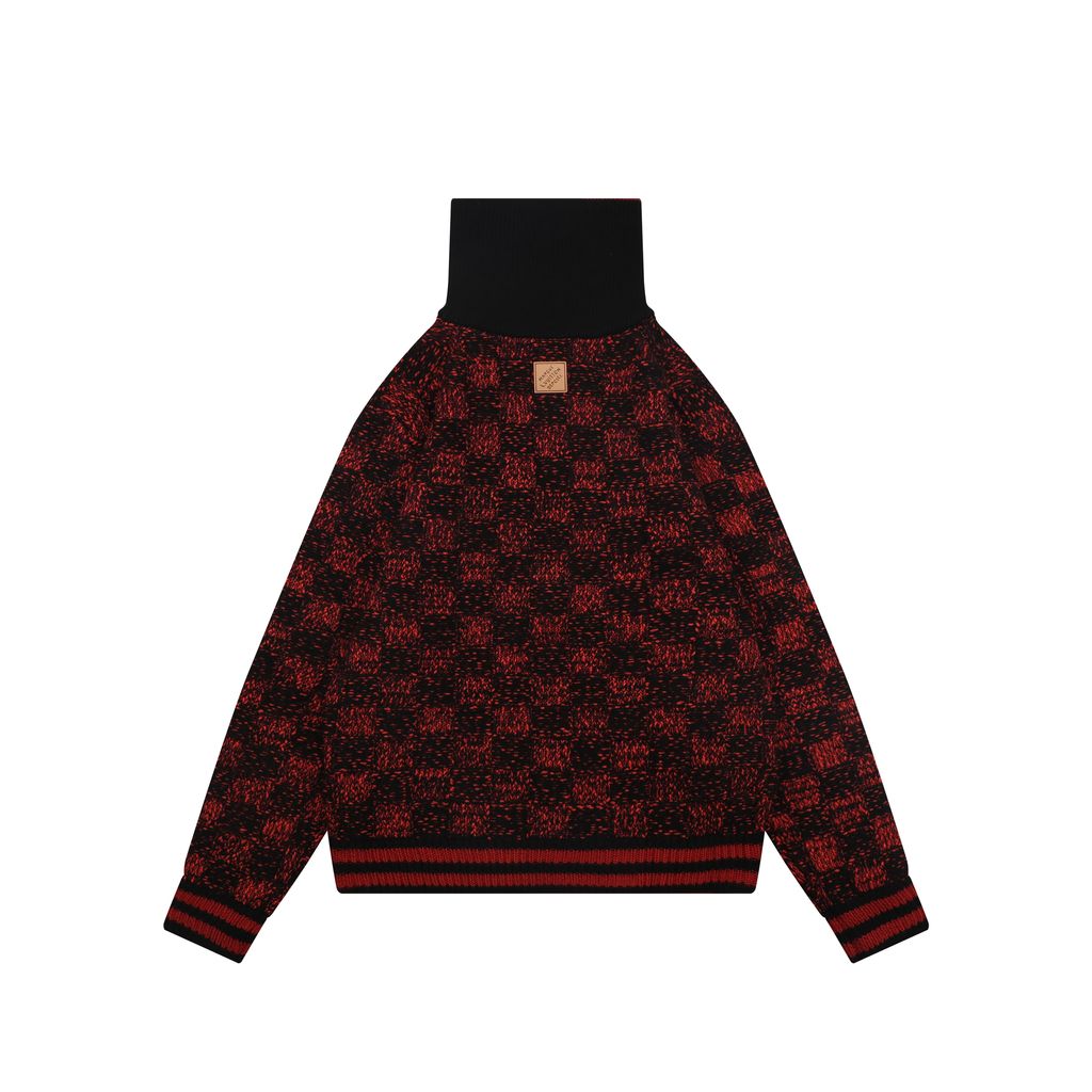 Louis Vuitton black red checkerboard half zip high neck sweater wool blend melange knit 3D woven check contrast red collar embroidered logo striped rib trims sizes S-XL