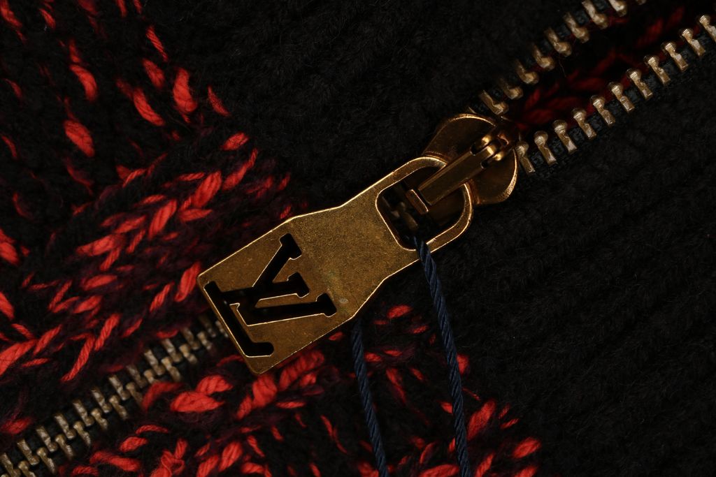 Louis Vuitton black red checkerboard half zip high neck sweater wool blend melange knit 3D woven check contrast red collar embroidered logo striped rib trims sizes S-XL