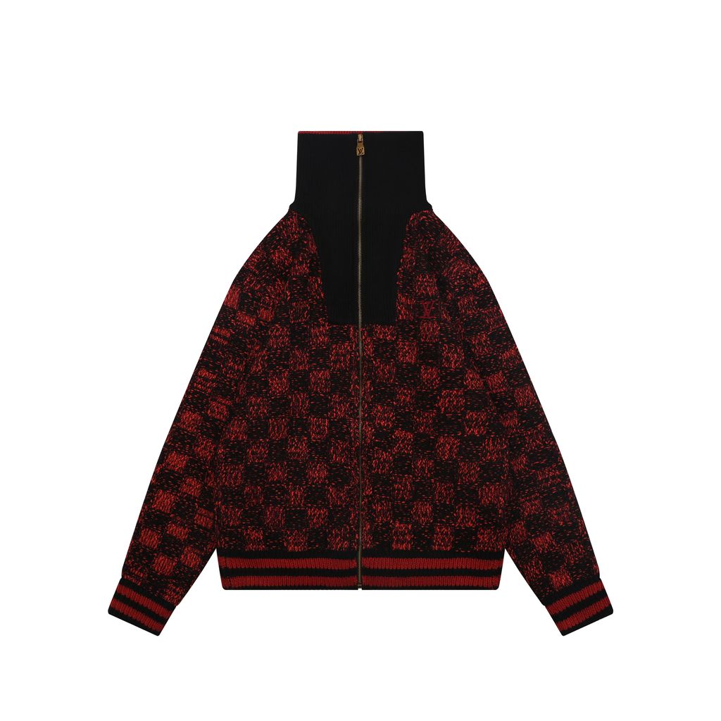 Louis Vuitton black red checkerboard half zip high neck sweater wool blend melange knit 3D woven check contrast red collar embroidered logo striped rib trims sizes S-XL