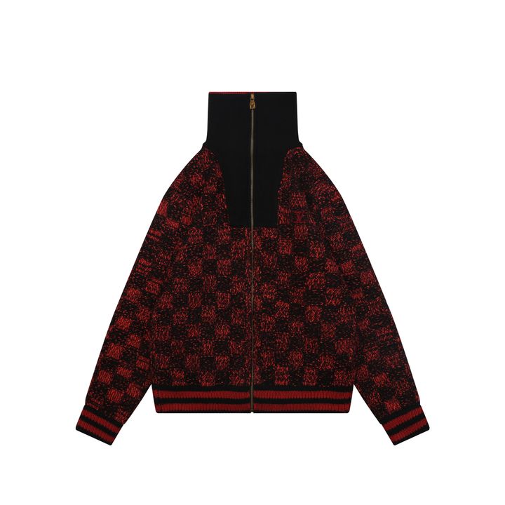 Louis Vuitton black red checkerboard half zip high neck sweater wool blend melange knit 3D woven check contrast red collar embroidered logo striped rib trims sizes S-XL
