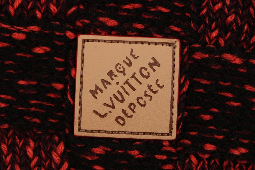 Louis Vuitton black red checkerboard half zip high neck sweater wool blend melange knit 3D woven check contrast red collar embroidered logo striped rib trims sizes S-XL