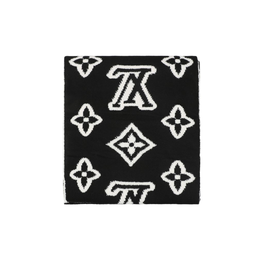 Louis Vuitton Monogram embossed scarf white black white raised logo pattern soft medium lightweight oversized wrap shawl scarf 180x25cm
