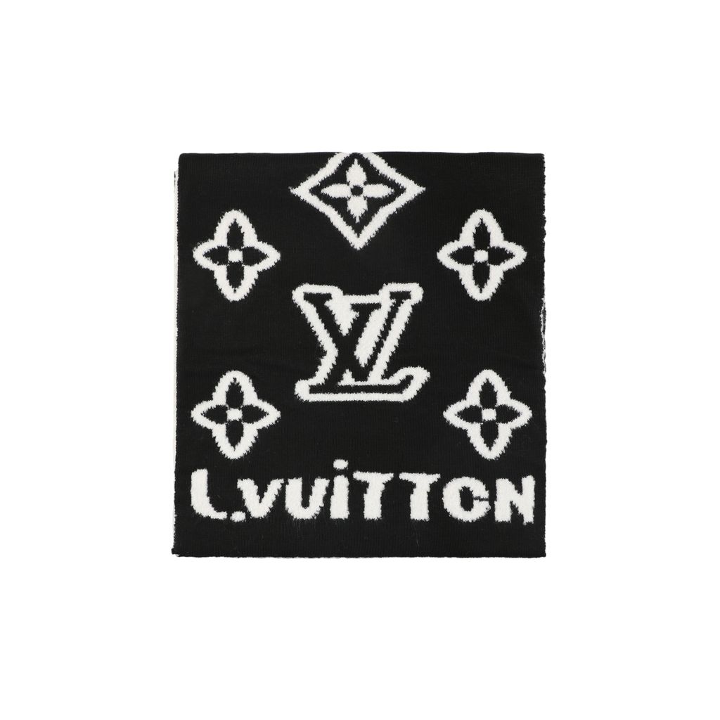 Louis Vuitton Monogram embossed scarf white black white raised logo pattern soft medium lightweight oversized wrap shawl scarf 180x25cm