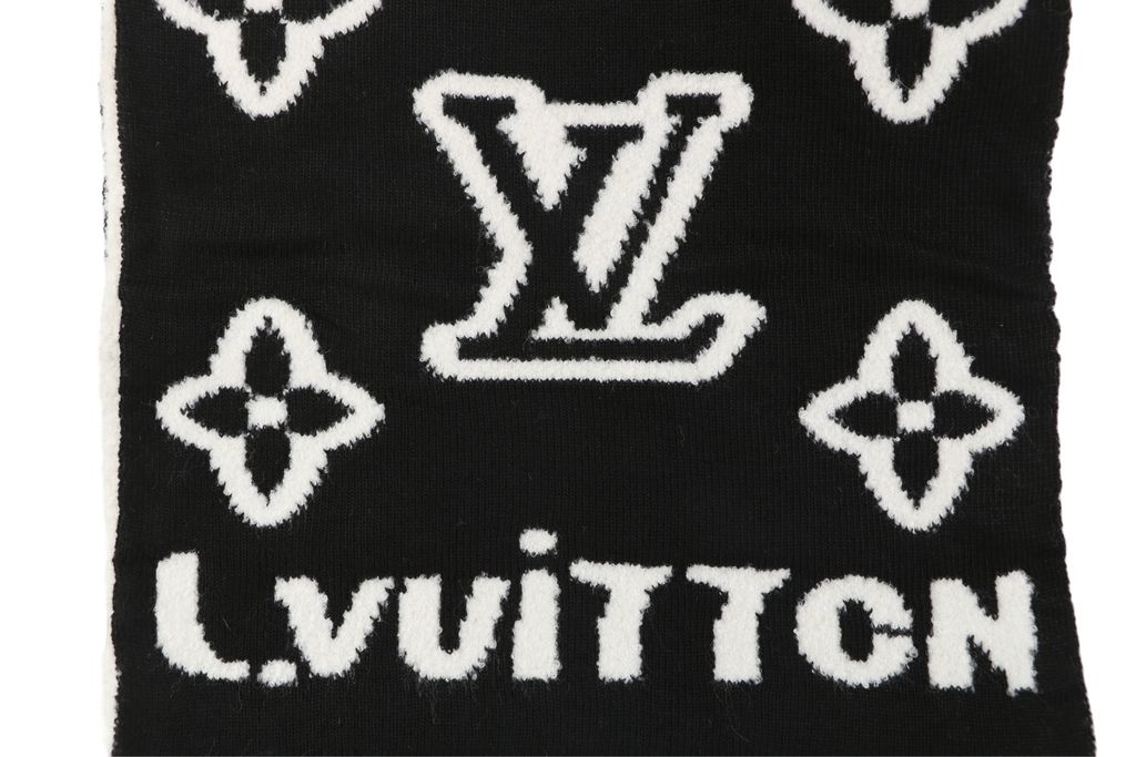 Louis Vuitton Monogram embossed scarf white black white raised logo pattern soft medium lightweight oversized wrap shawl scarf 180x25cm