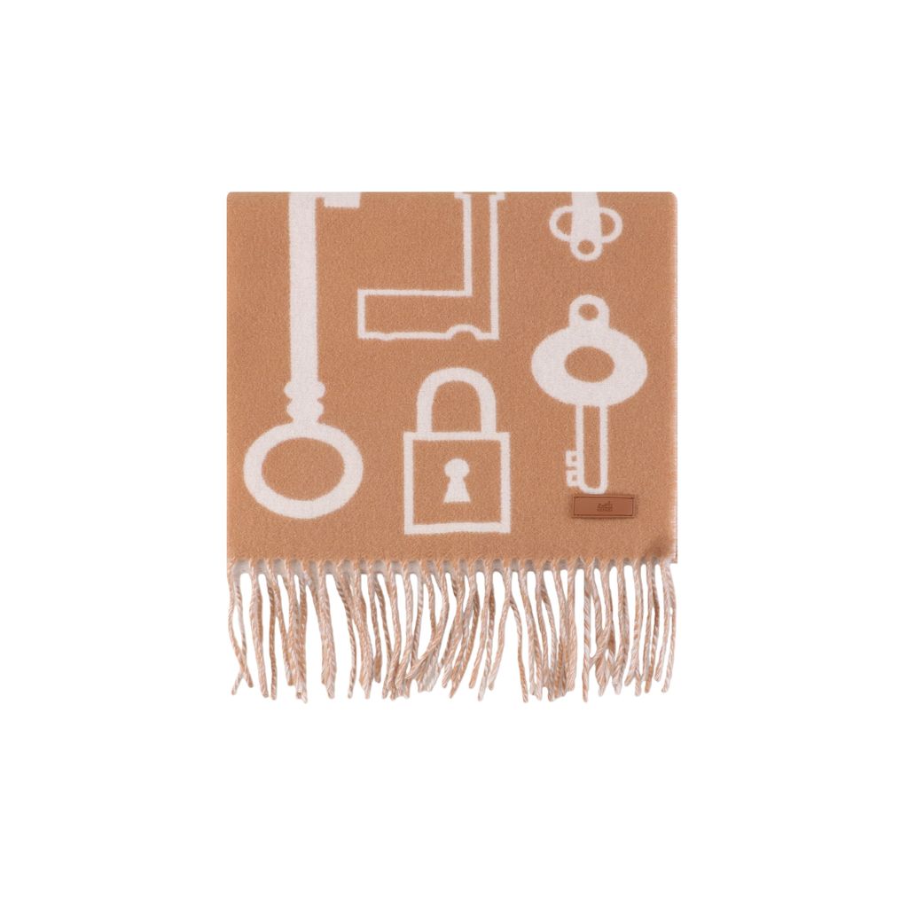 Hermes Casaque Porte Clefs reversible cashmere fringed scarf double sided key motif soft lightweight luxury wrap 160x30cm