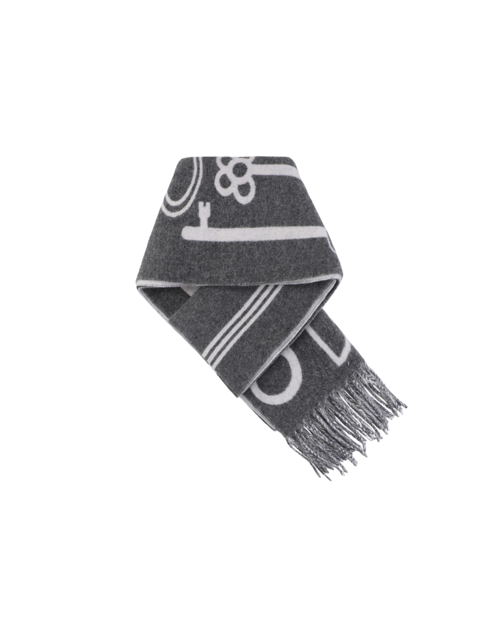 Hermes Casaque Porte Clefs reversible cashmere fringed scarf grey double sided key motif soft lightweight luxury wrap 160x30cm