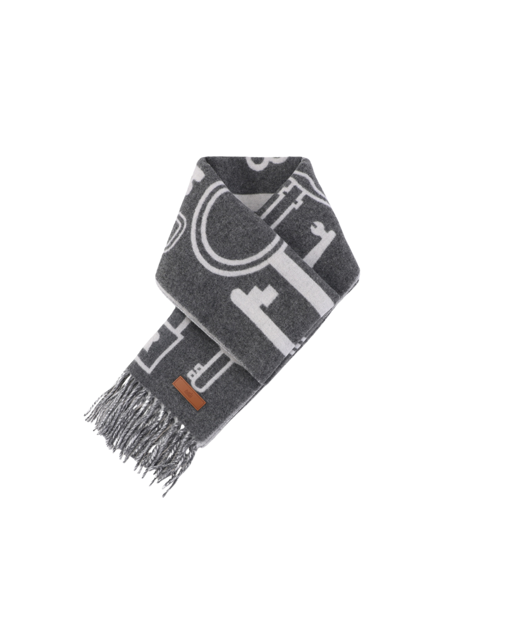 Hermes Casaque Porte Clefs reversible cashmere fringed scarf grey double sided key motif soft lightweight luxury wrap 160x30cm