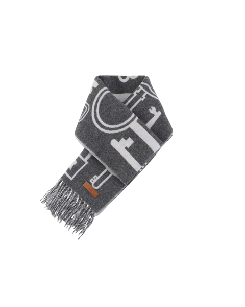Hermes Casaque Porte Clefs reversible cashmere fringed scarf grey double sided key motif soft lightweight luxury wrap 160x30cm