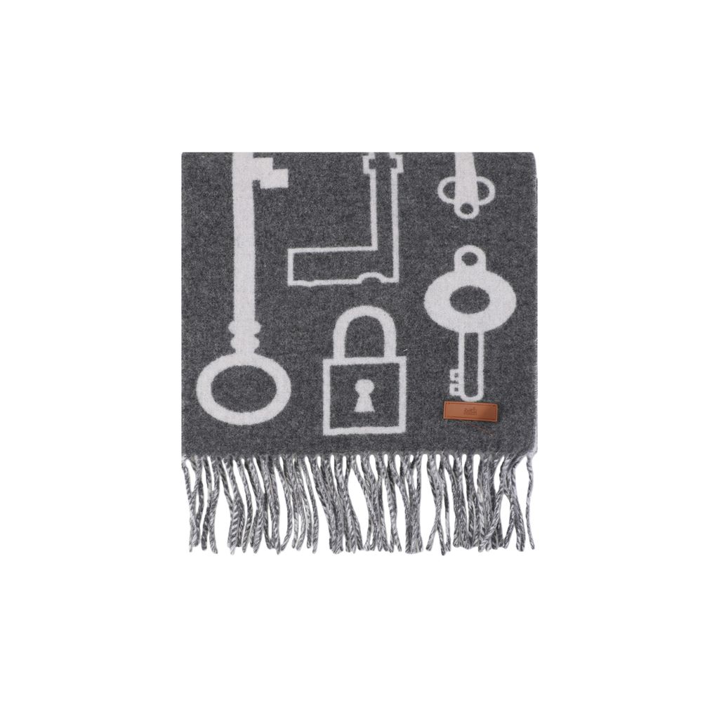 Hermes Casaque Porte Clefs reversible cashmere fringed scarf grey double sided key motif soft lightweight luxury wrap 160x30cm