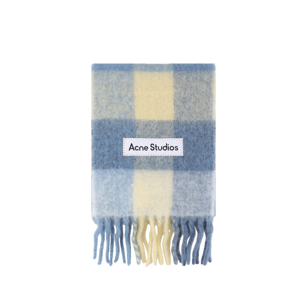 Acne Studios Valley alpaca mohair scarf blue rainbow color block oversized fringed wrap 33 percent alpaca wool mohair nylon blend large logo 250x25cm