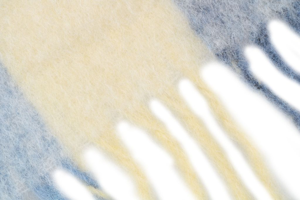 Acne Studios Valley alpaca mohair scarf blue rainbow color block oversized fringed wrap 33 percent alpaca wool mohair nylon blend large logo 250x25cm