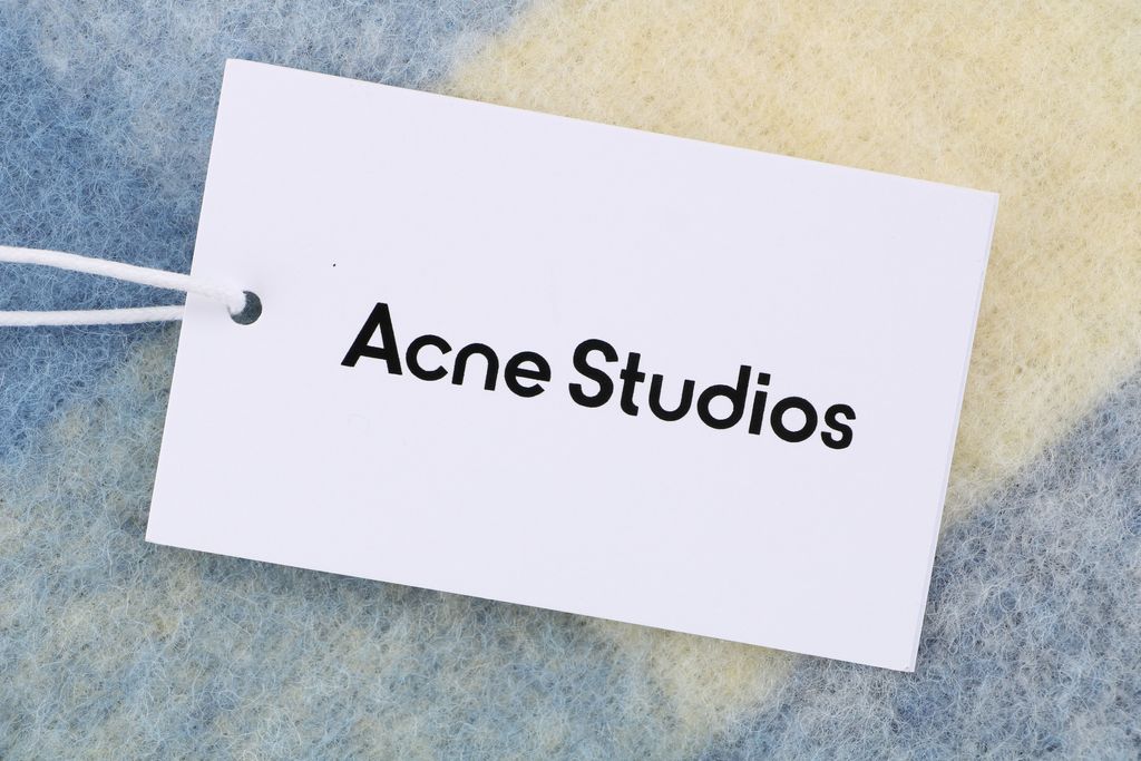 Acne Studios Valley alpaca mohair scarf blue rainbow color block oversized fringed wrap 33 percent alpaca wool mohair nylon blend large logo 250x25cm