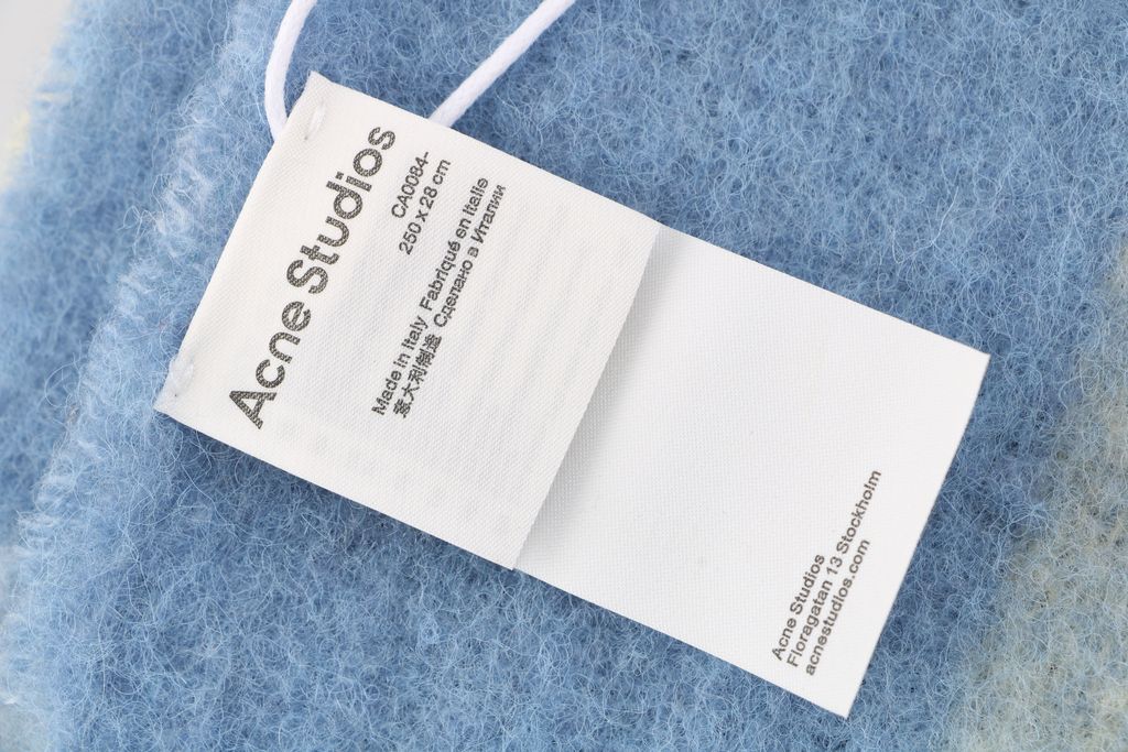 Acne Studios Valley alpaca mohair scarf blue rainbow color block oversized fringed wrap 33 percent alpaca wool mohair nylon blend large logo 250x25cm