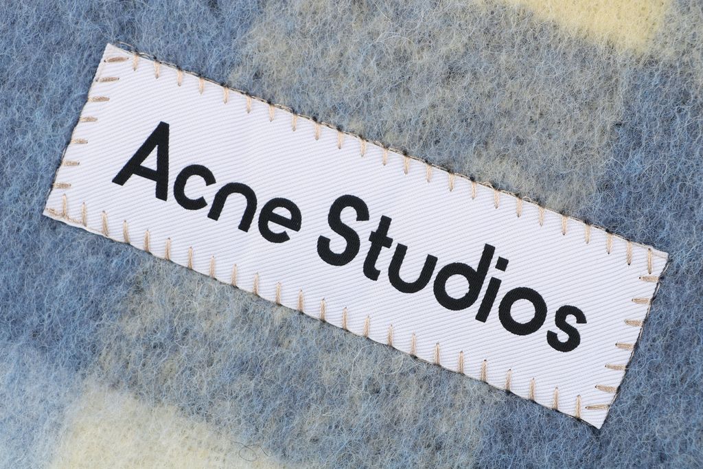Acne Studios Valley alpaca mohair scarf blue rainbow color block oversized fringed wrap 33 percent alpaca wool mohair nylon blend large logo 250x25cm