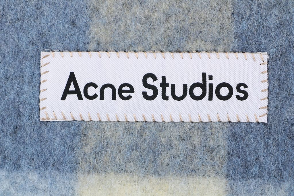 Acne Studios Valley alpaca mohair scarf blue rainbow color block oversized fringed wrap 33 percent alpaca wool mohair nylon blend large logo 250x25cm