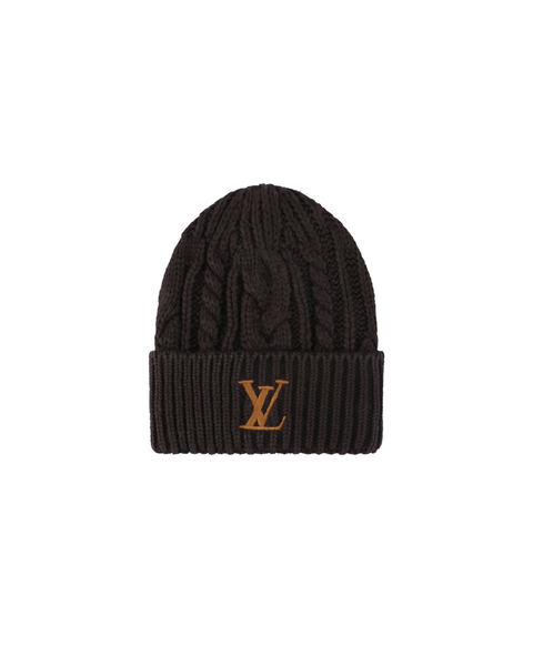 Louis Vuitton embroidered logo ribbed wool blend beanie soft warm stretch knit cuffed winter hat unisex milk tea black one size