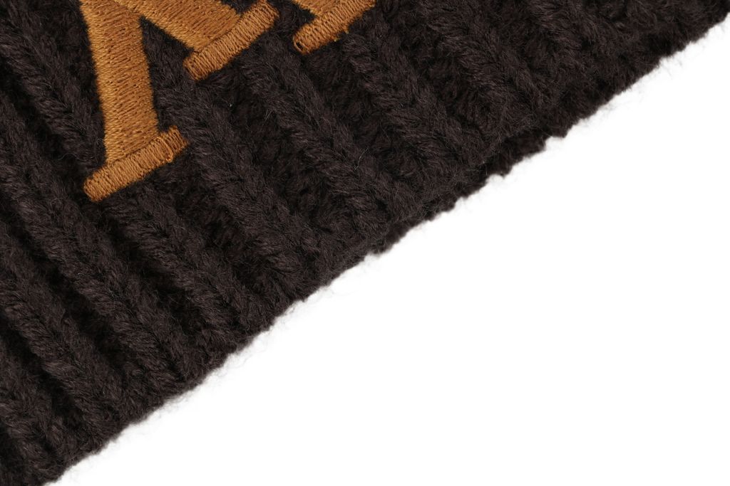 Louis Vuitton embroidered logo ribbed wool blend beanie soft warm stretch knit cuffed winter hat unisex milk tea black one size