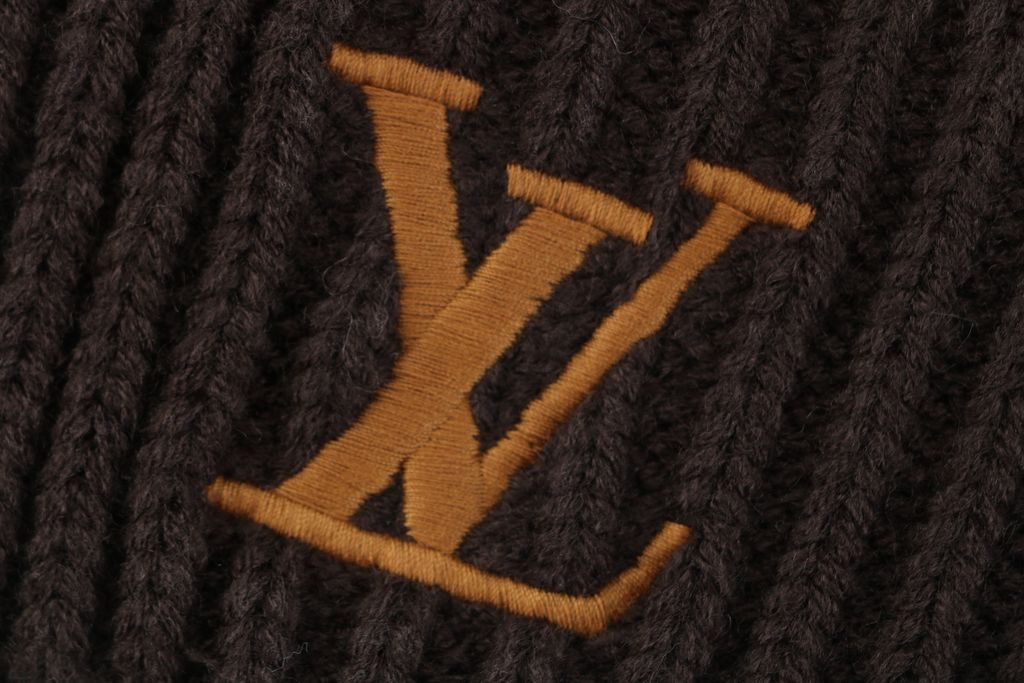 Louis Vuitton embroidered logo ribbed wool blend beanie soft warm stretch knit cuffed winter hat unisex milk tea black one size