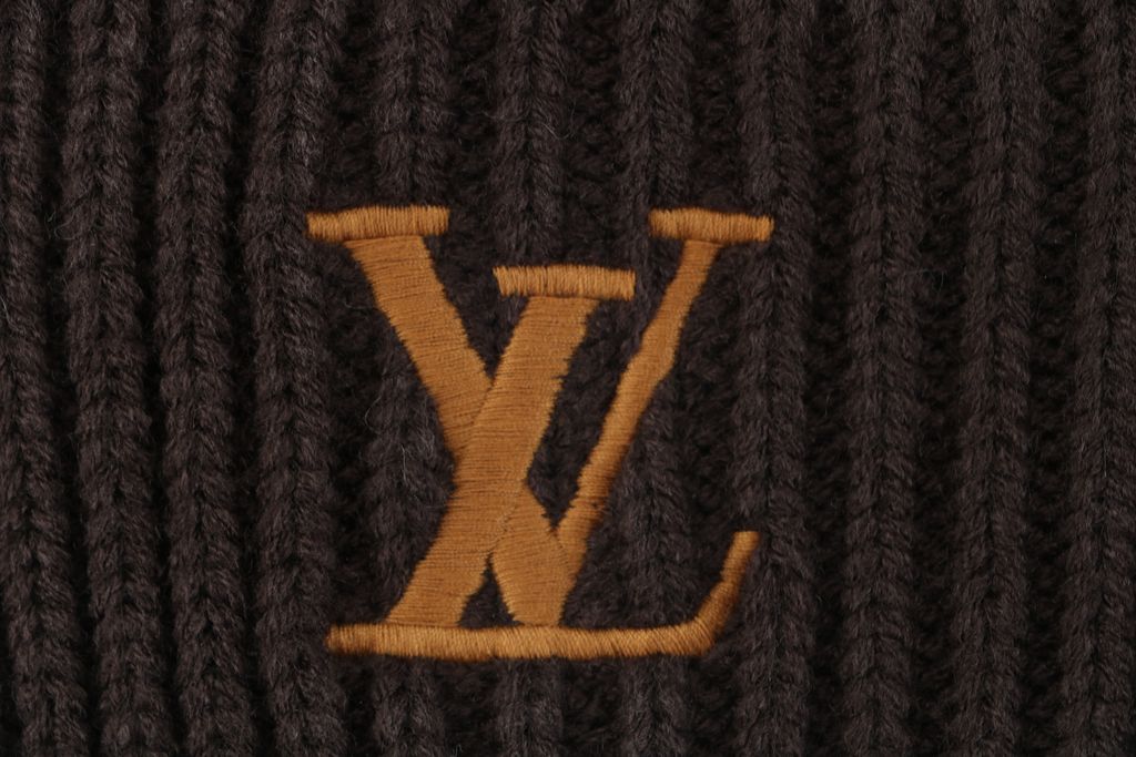 Louis Vuitton embroidered logo ribbed wool blend beanie soft warm stretch knit cuffed winter hat unisex milk tea black one size