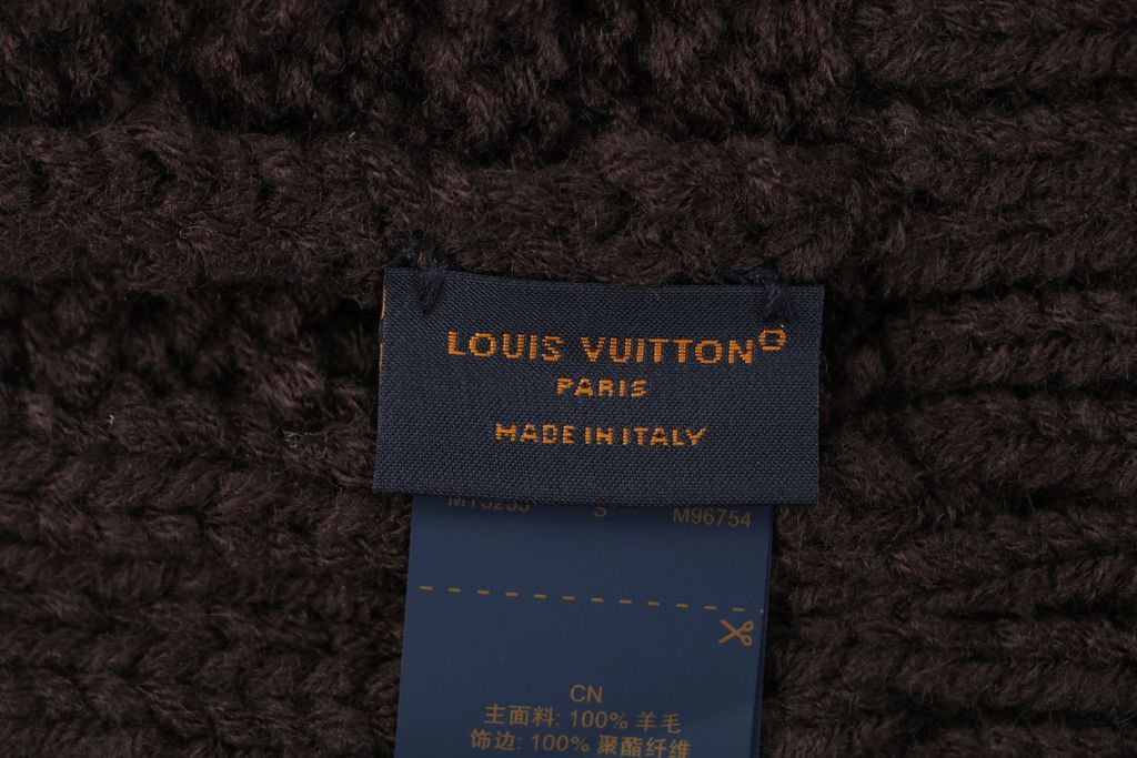 Louis Vuitton embroidered logo ribbed wool blend beanie soft warm stretch knit cuffed winter hat unisex milk tea black one size
