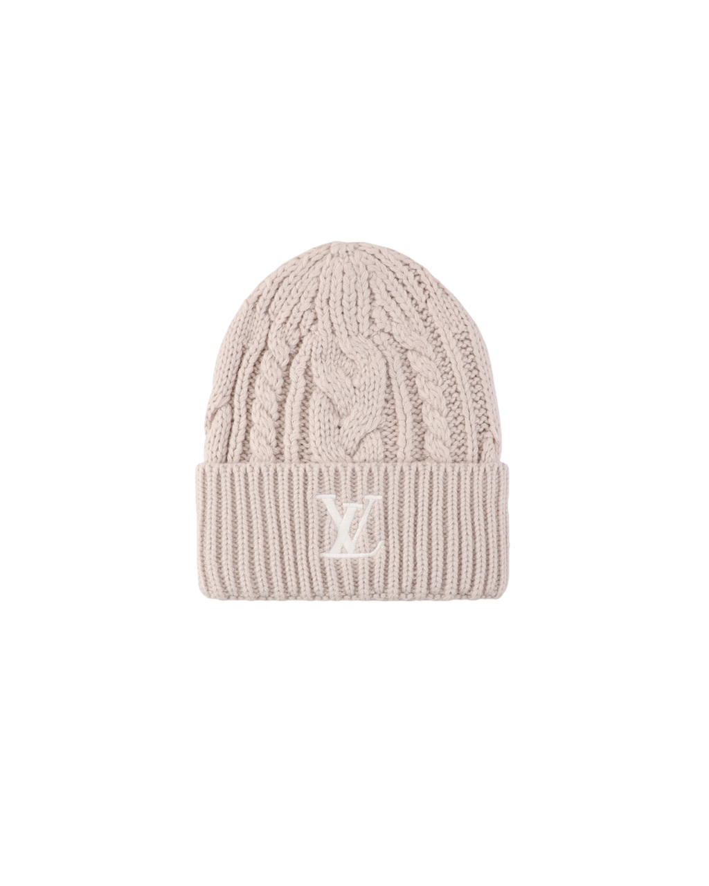 Louis Vuitton embroidered logo ribbed wool blend beanie soft warm stretch knit cuffed winter hat unisex milk tea black one size