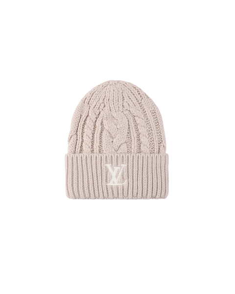 Louis Vuitton embroidered logo ribbed wool blend beanie soft warm stretch knit cuffed winter hat unisex milk tea black one size