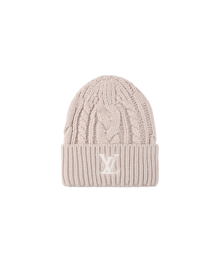 Louis Vuitton embroidered logo ribbed wool blend beanie soft warm stretch knit cuffed winter hat unisex milk tea black one size