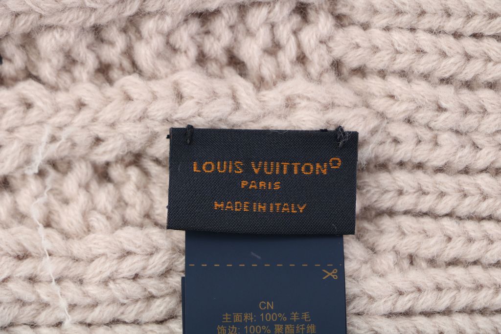 Louis Vuitton embroidered logo ribbed wool blend beanie soft warm stretch knit cuffed winter hat unisex milk tea black one size