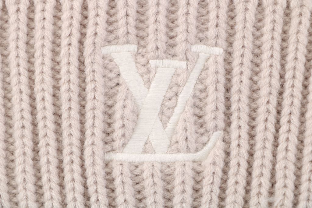 Louis Vuitton embroidered logo ribbed wool blend beanie soft warm stretch knit cuffed winter hat unisex milk tea black one size