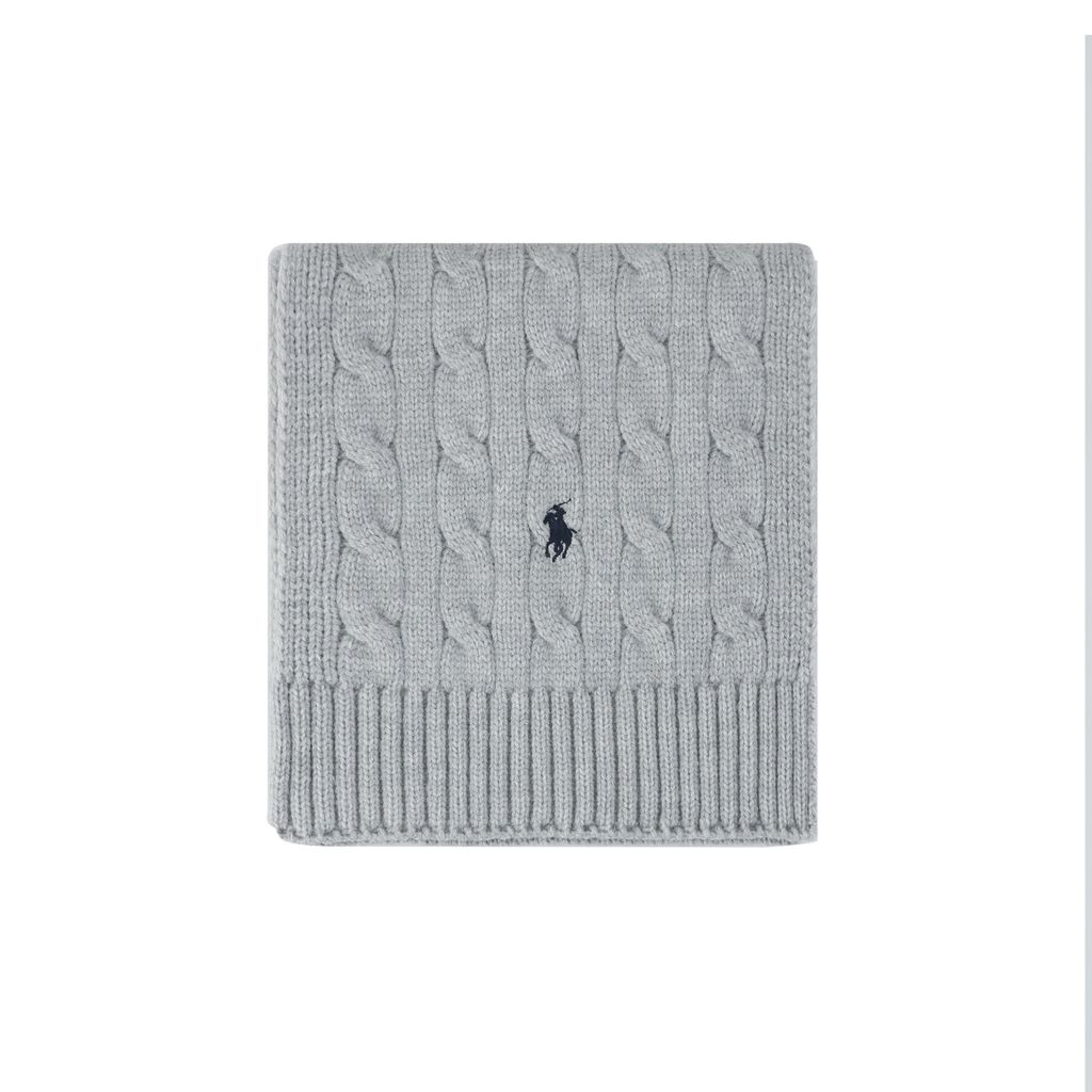 Ralph Lauren Pony logo embroidered scarf grey black wool nylon blend soft warm winter wrap minimalist cold weather scarf 180x24cm